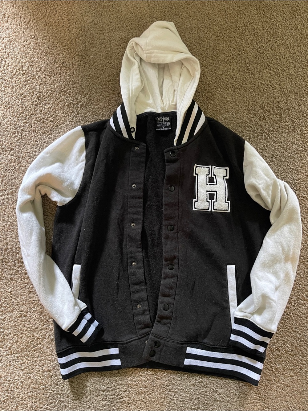 Hogwarts Black & White Hooded Letterman Jacket with 'H' Patch